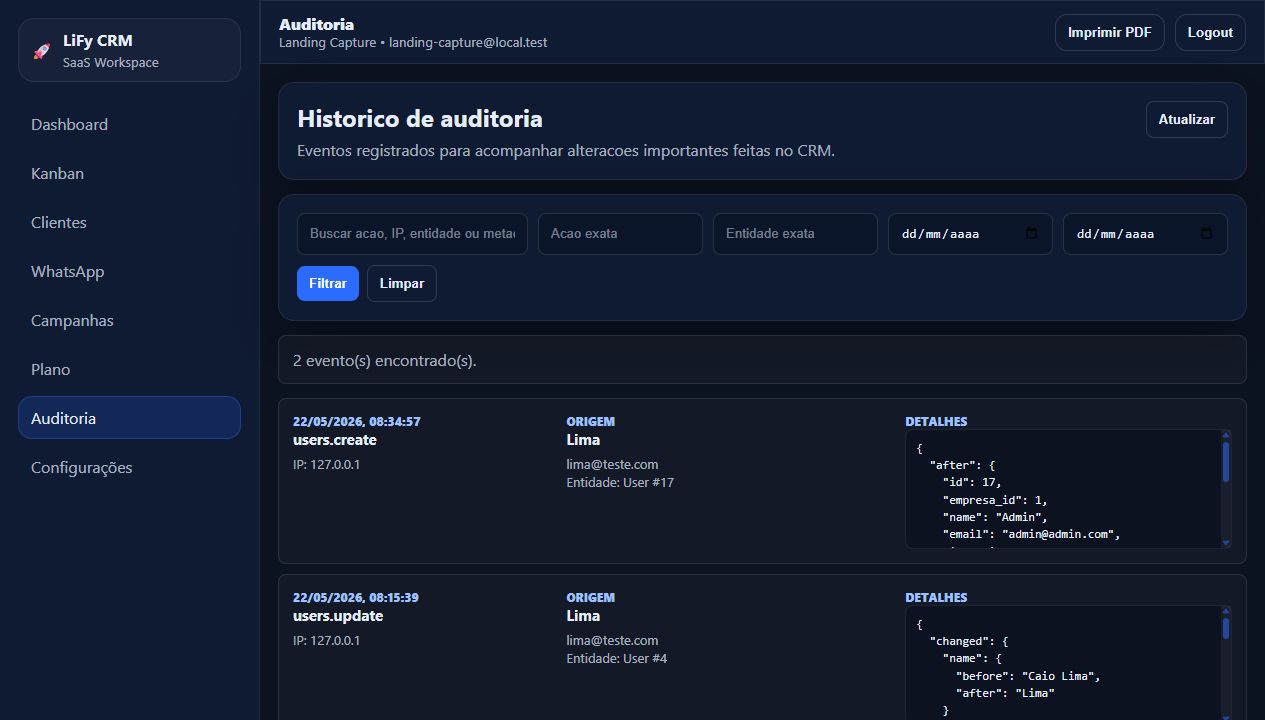 Tela real do historico de auditoria do LiFy CRM.